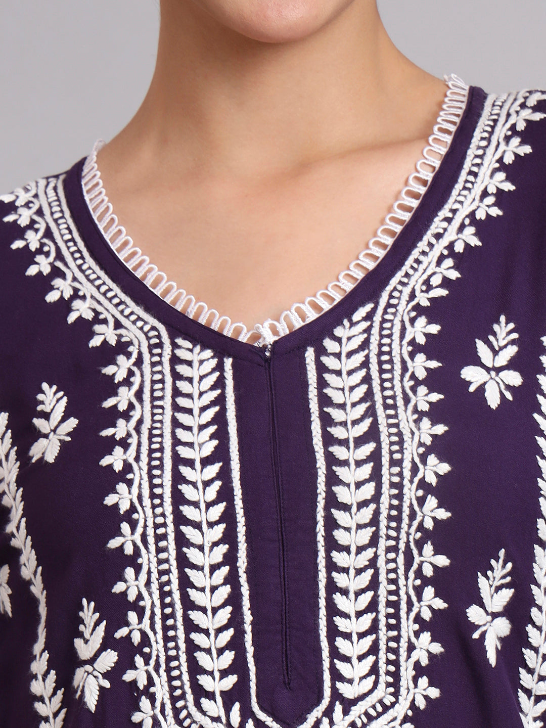 Women Hand Embroidered Lucknowi Chikankari Rayon Kurta Set-AL4078KS Purple