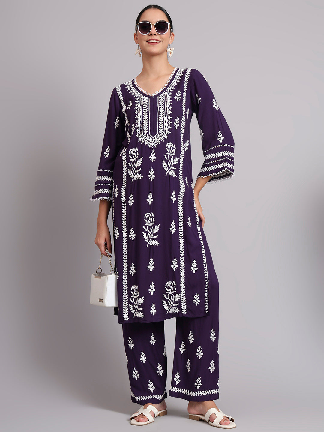 Women Hand Embroidered Lucknowi Chikankari Rayon Kurta Set-AL4078KS Purple