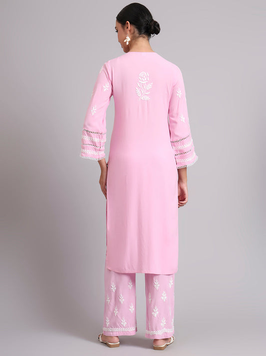 Women Hand Embroidered Lucknowi Chikankari Rayon Kurta Set-AL4078KS Pink