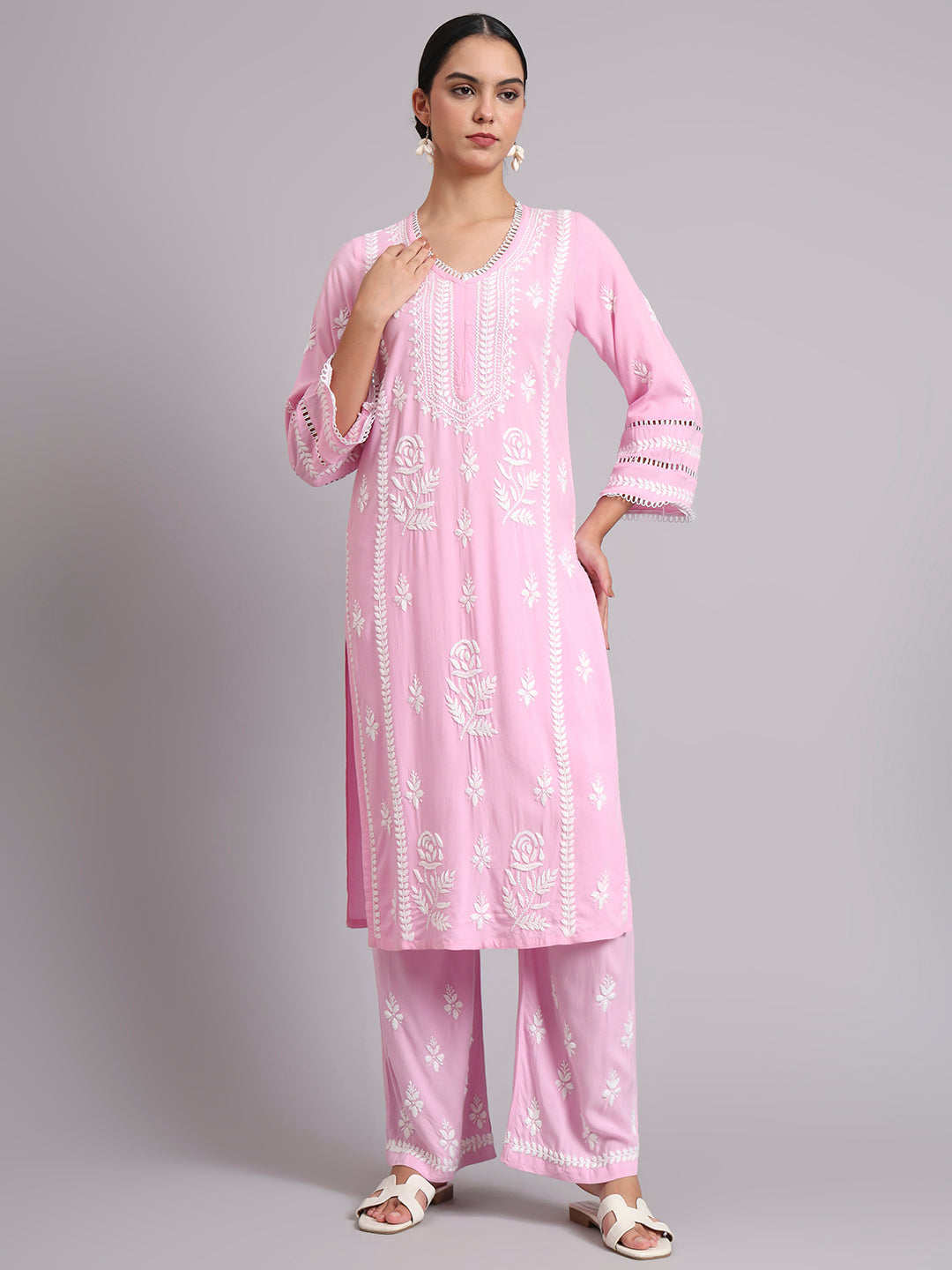 Women Hand Embroidered Lucknowi Chikankari Rayon Kurta Set-AL4078KS Pink