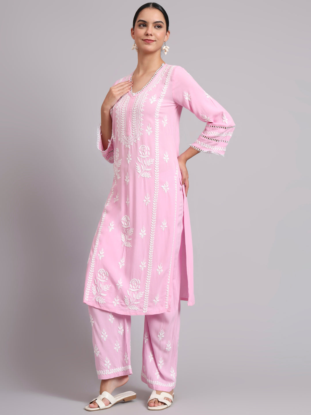 Women Hand Embroidered Lucknowi Chikankari Rayon Kurta Set-AL4078KS Pink