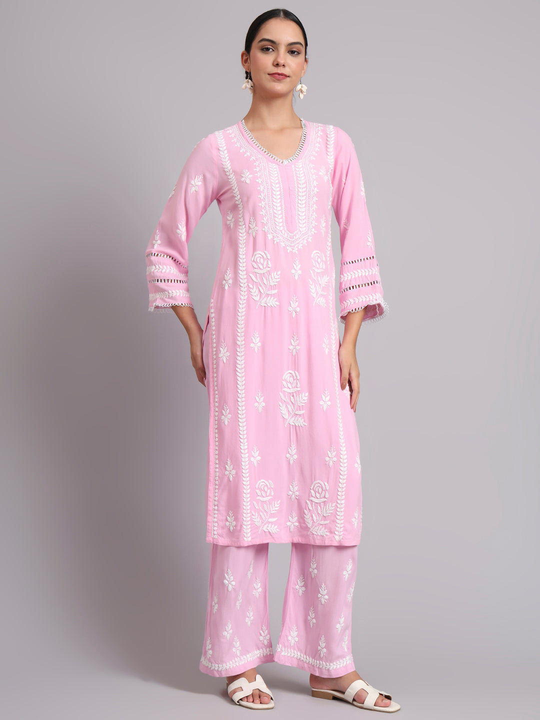 Women Hand Embroidered Lucknowi Chikankari Rayon Kurta Set-AL4078KS Pink