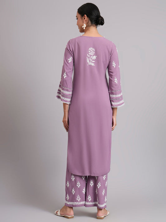 Women Hand Embroidered Lucknowi Chikankari Rayon Kurta Set-AL4078KS Mauve