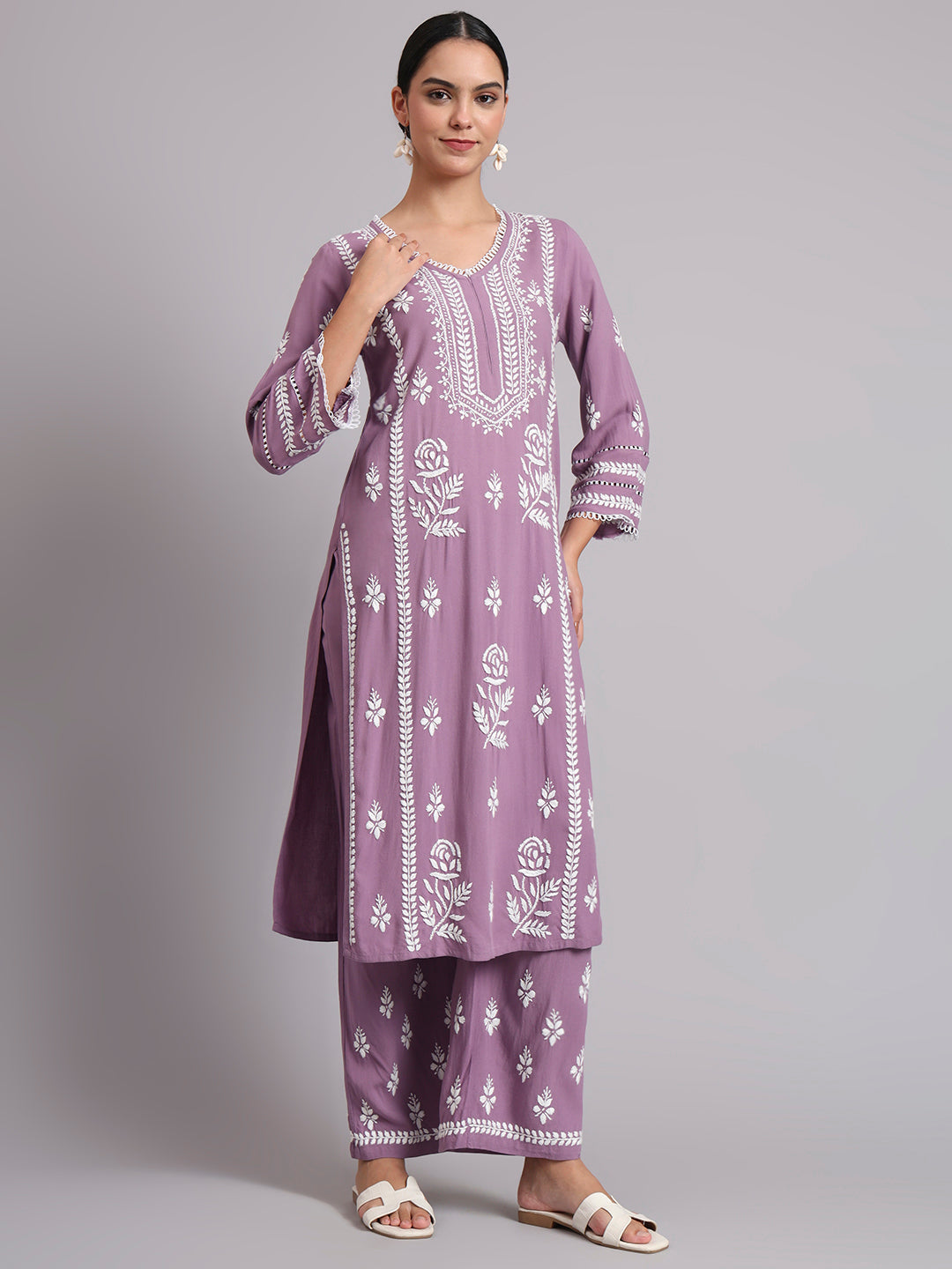 Women Hand Embroidered Lucknowi Chikankari Rayon Kurta Set-AL4078KS Mauve