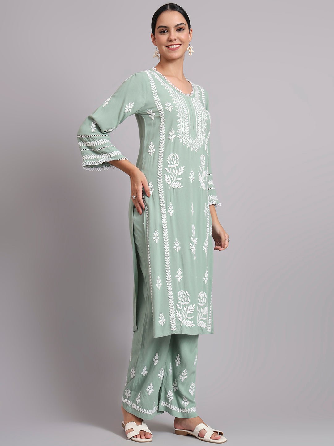 Women Hand Embroidered Lucknowi Chikankari Rayon Kurta Set-AL4078KS Green