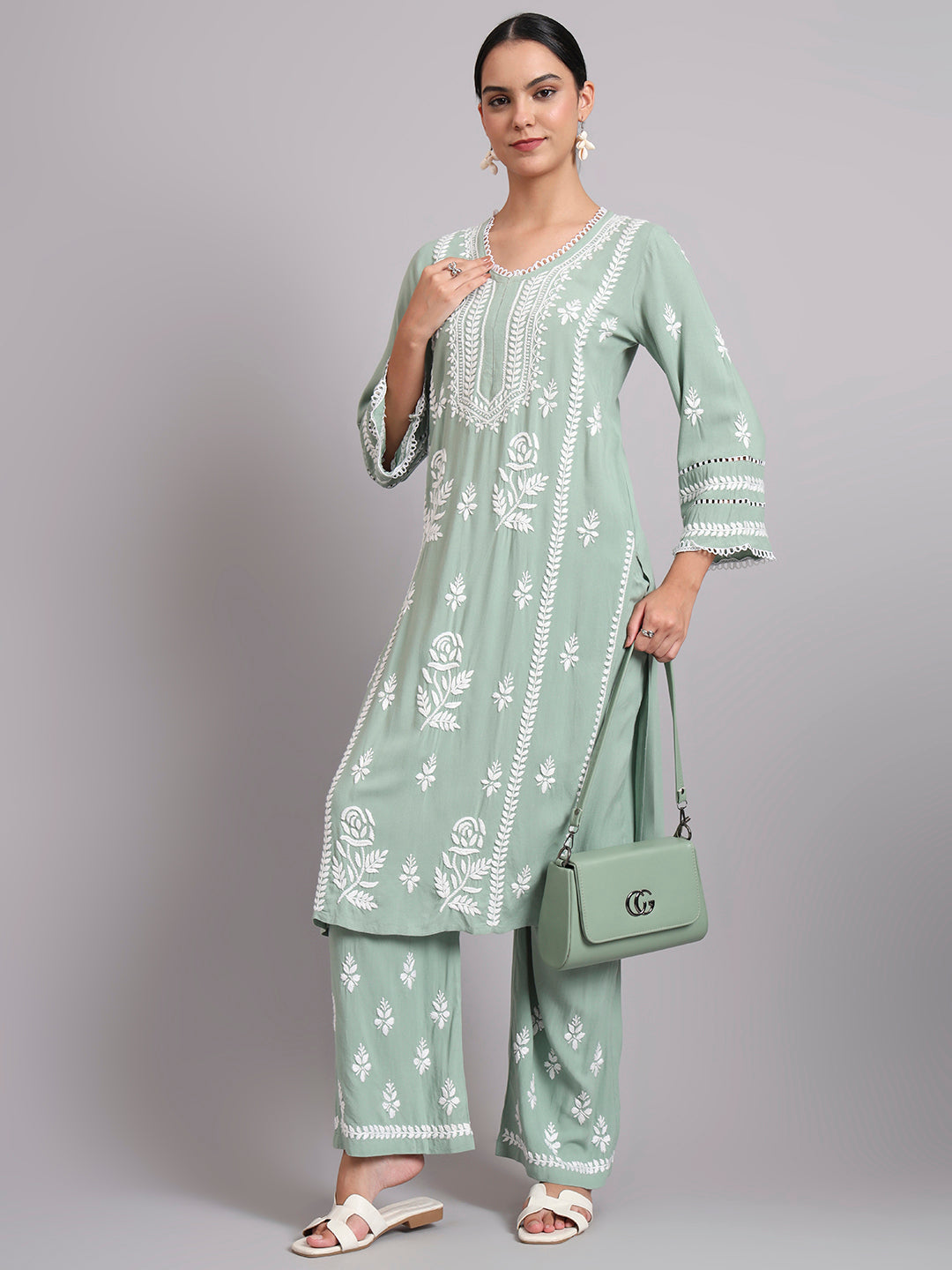 Women Hand Embroidered Lucknowi Chikankari Rayon Kurta Set-AL4078KS Green