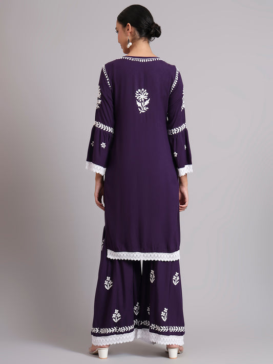 Women Hand Embroidered Lucknowi Chikankari Rayon Kurta Set-AL4077KS Purple