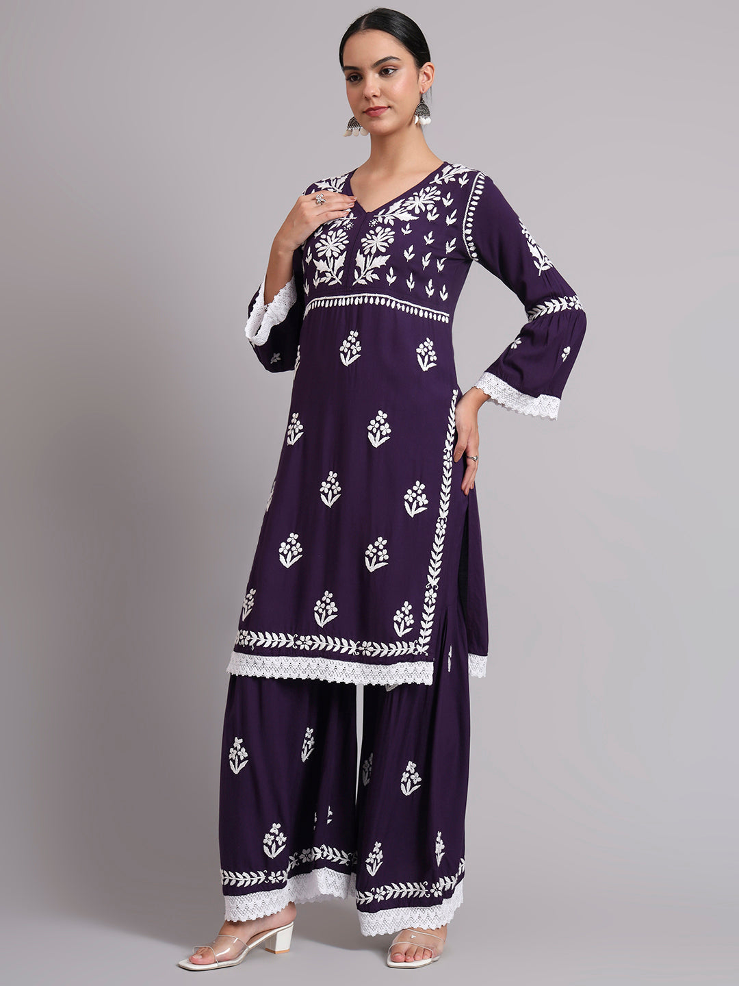 Women Hand Embroidered Lucknowi Chikankari Rayon Kurta Set-AL4077KS Purple