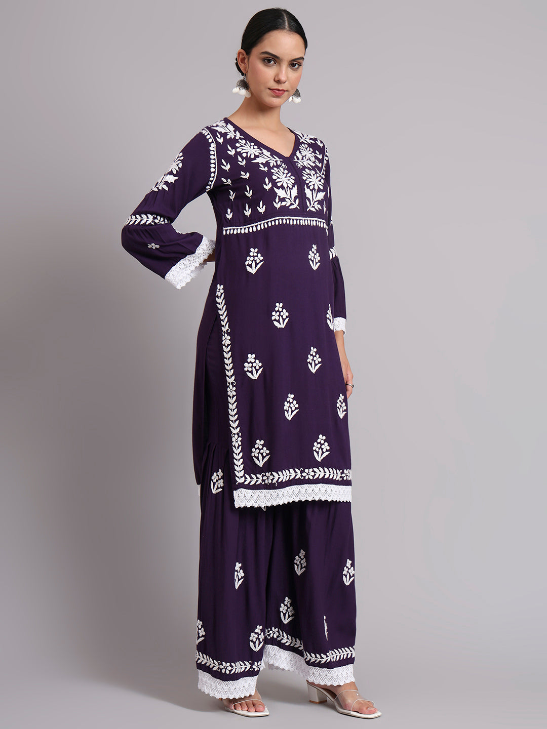 Women Hand Embroidered Lucknowi Chikankari Rayon Kurta Set-AL4077KS Purple