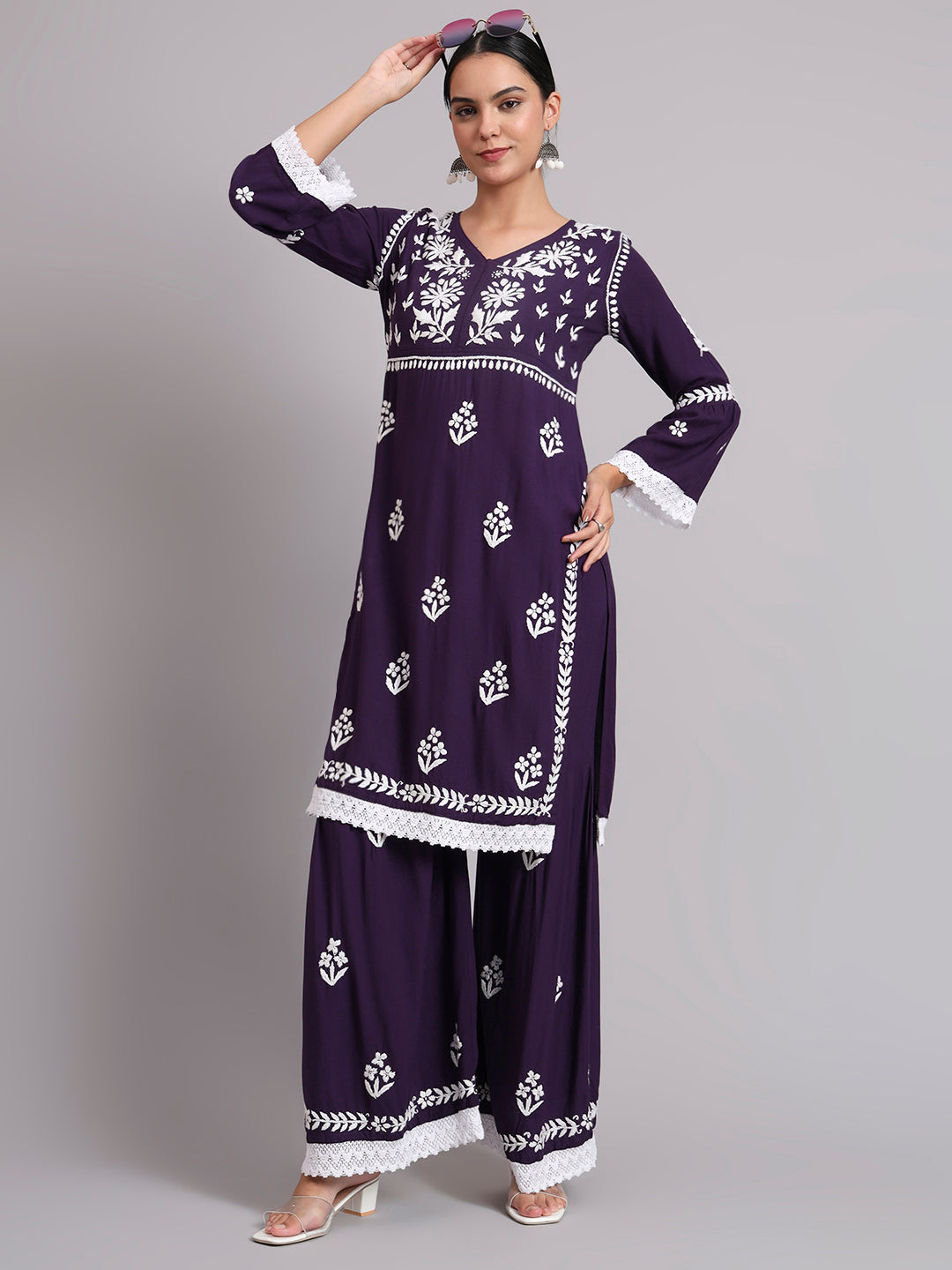 Women Hand Embroidered Lucknowi Chikankari Rayon Kurta Set-AL4077KS Purple