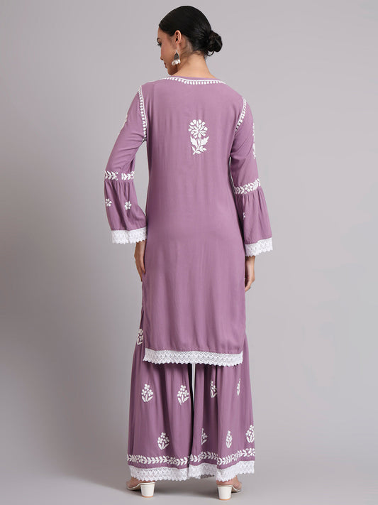 Women Hand Embroidered Lucknowi Chikankari Rayon Kurta Set-AL4077KS Mauve