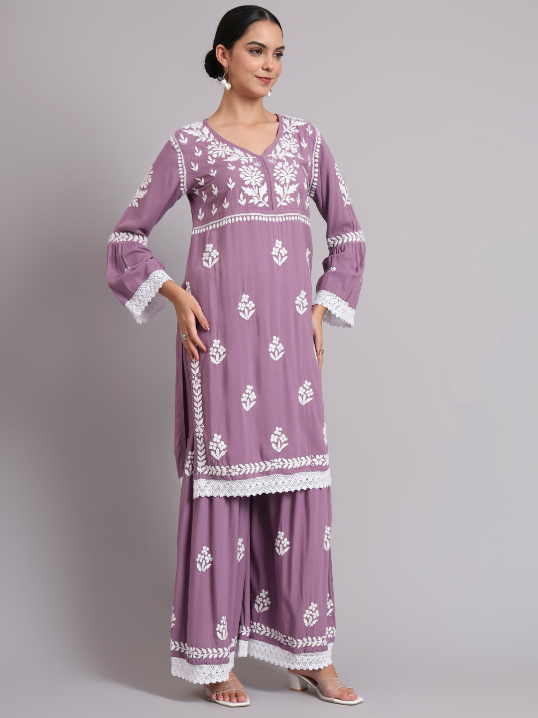 Women Hand Embroidered Lucknowi Chikankari Rayon Kurta Set-AL4077KS Mauve