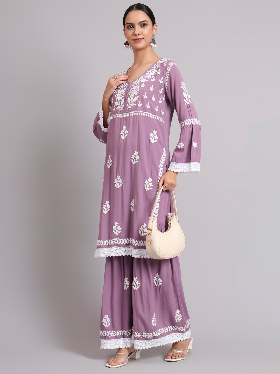 Women Hand Embroidered Lucknowi Chikankari Rayon Kurta Set-AL4077KS Mauve