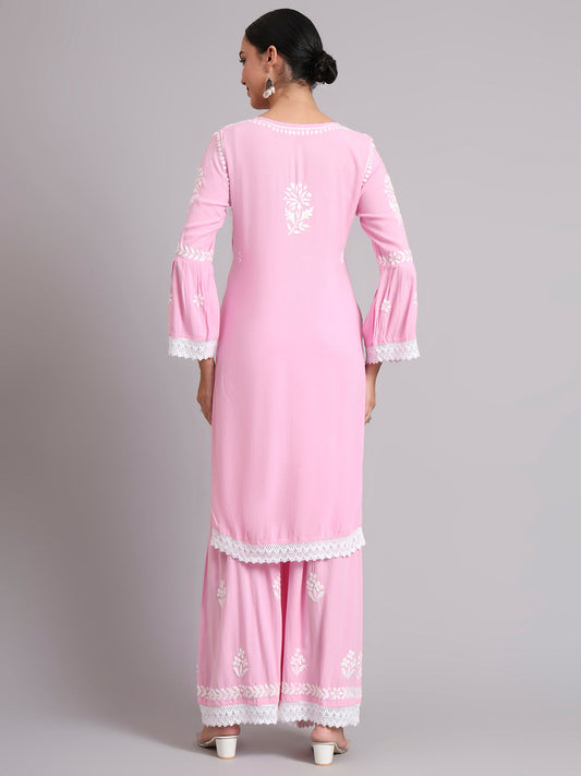 Women Hand Embroidered Lucknowi Chikankari Rayon Kurta Set-AL4077KS Pink