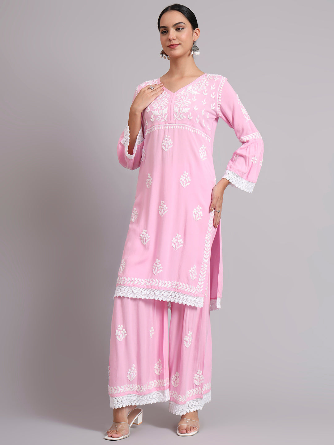 Women Hand Embroidered Lucknowi Chikankari Rayon Kurta Set-AL4077KS Pink