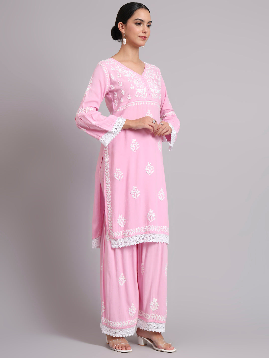 Women Hand Embroidered Lucknowi Chikankari Rayon Kurta Set-AL4077KS Pink