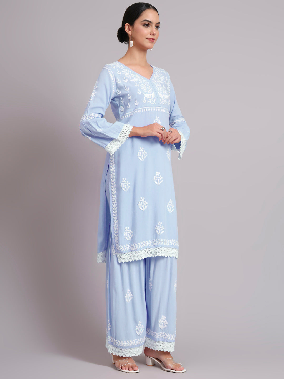 Women Hand Embroidered Lucknowi Chikankari Rayon Kurta Set-AL4077KS Denim