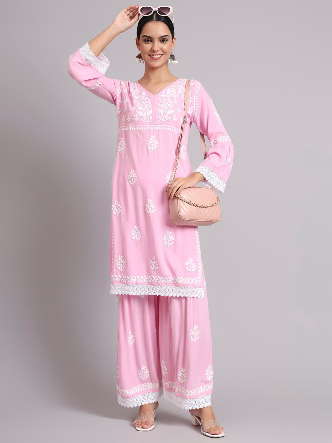 Women Hand Embroidered Lucknowi Chikankari Rayon Kurta Set-AL4077KS Pink