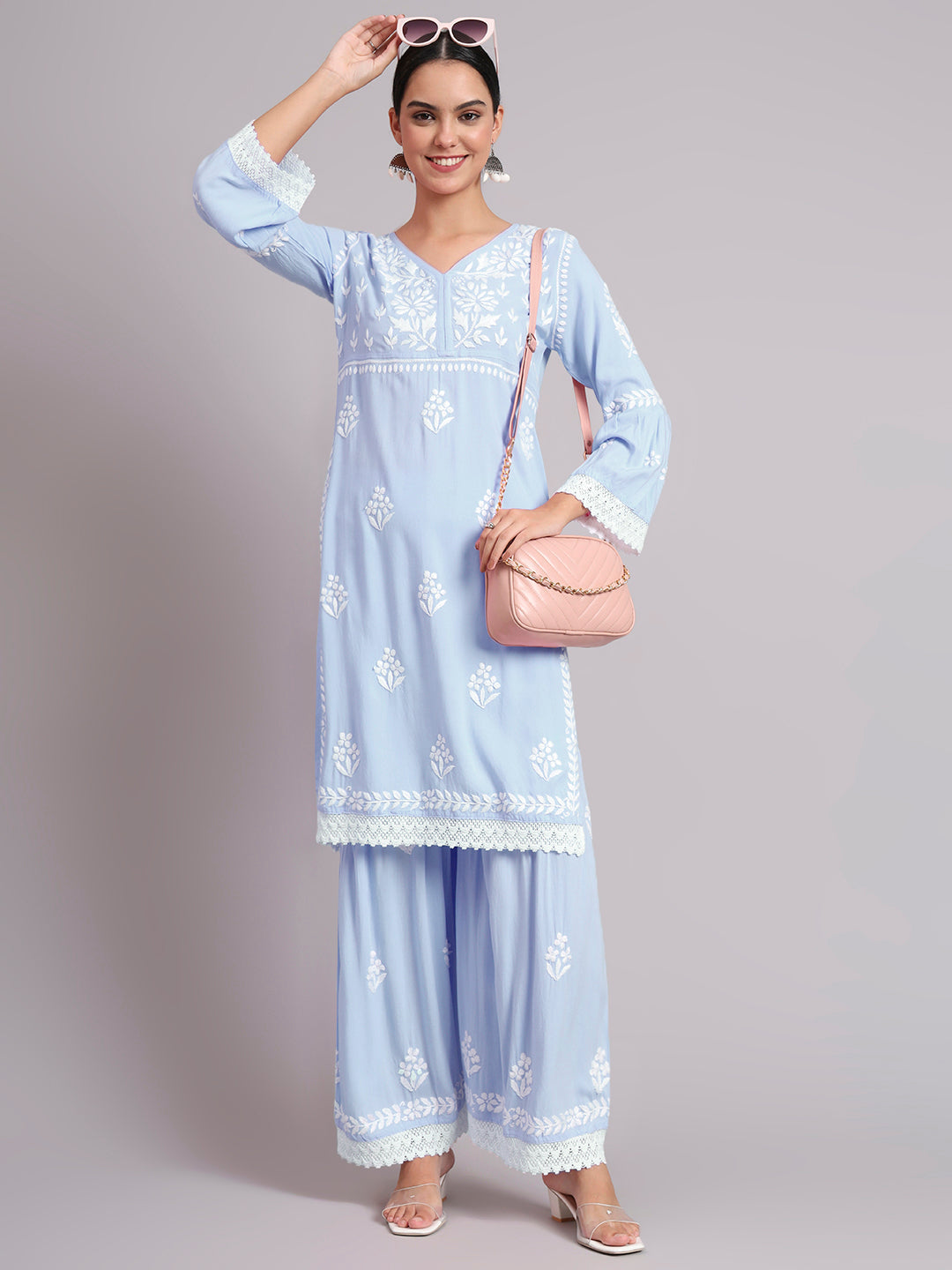 Women Hand Embroidered Lucknowi Chikankari Rayon Kurta Set-AL4077KS Denim