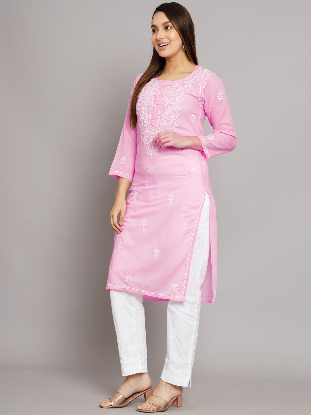 Hand Embroidered Chikankari Cotton Straight Kurta -ALNTV115 Pink