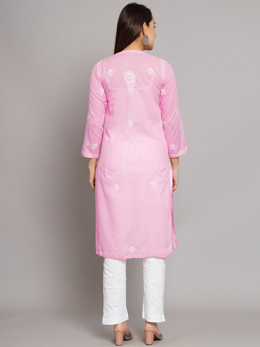 Hand Embroidered Chikankari Cotton Straight Kurta -ALNTV115 Pink