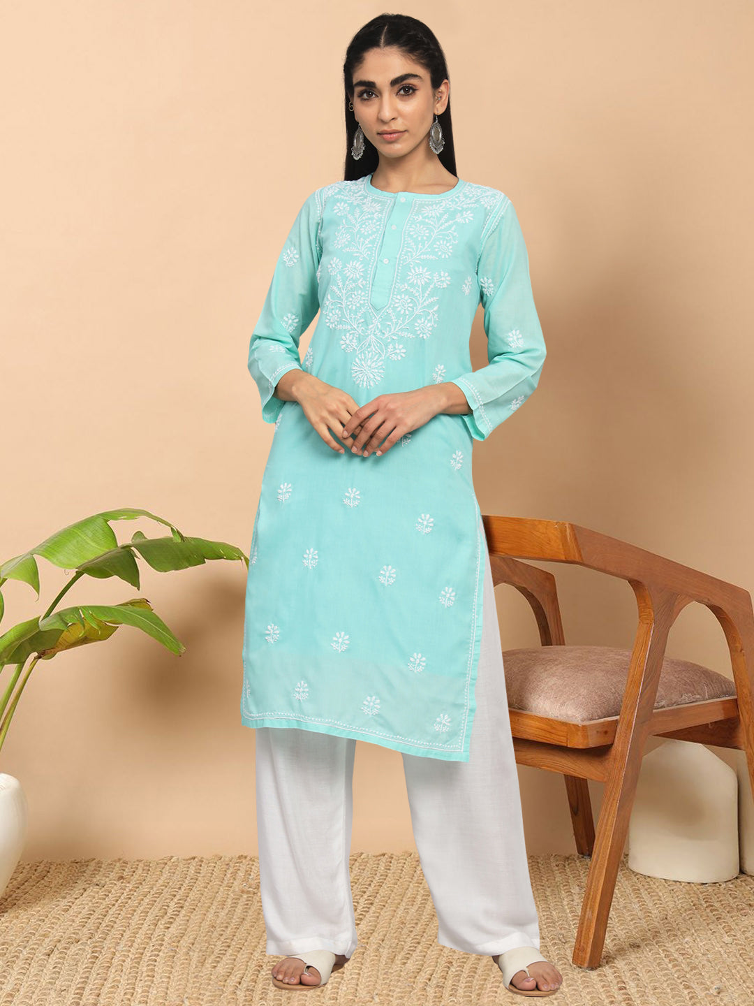 Hand Embroidered Chikankari Cotton Straight Kurta -ALNTV115 Lightgreen