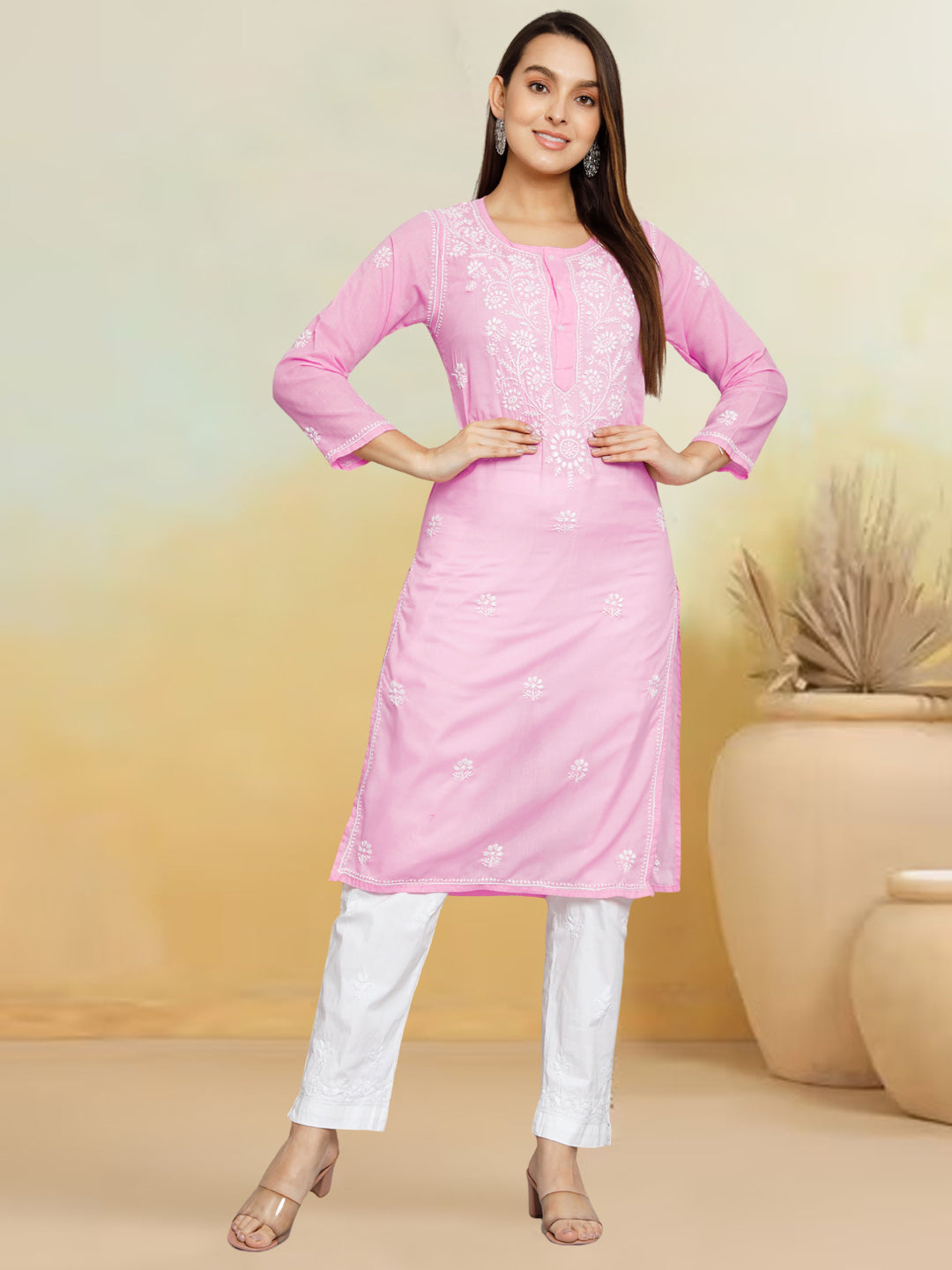 Hand Embroidered Chikankari Cotton Straight Kurta -ALNTV115 Pink