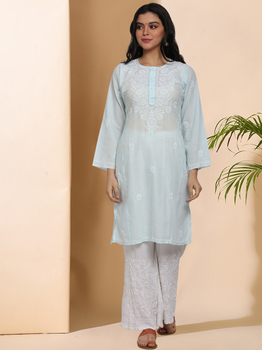 Hand Embroidered Chikankari Cotton Straight Kurta --ALNTV115 Lightblue