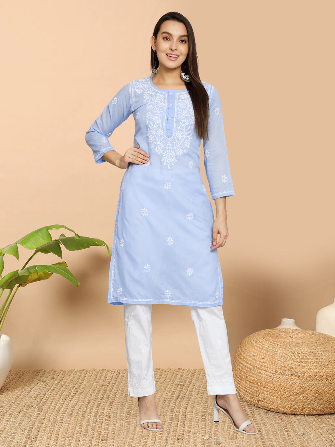 Hand Embroidered Chikankari Cotton Straight Kurta -ALNTV115 Denim