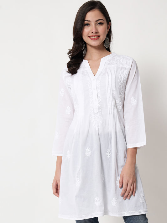 Hand Embroidered Chikankari Cotton A-Line Tunic-AL1958L White