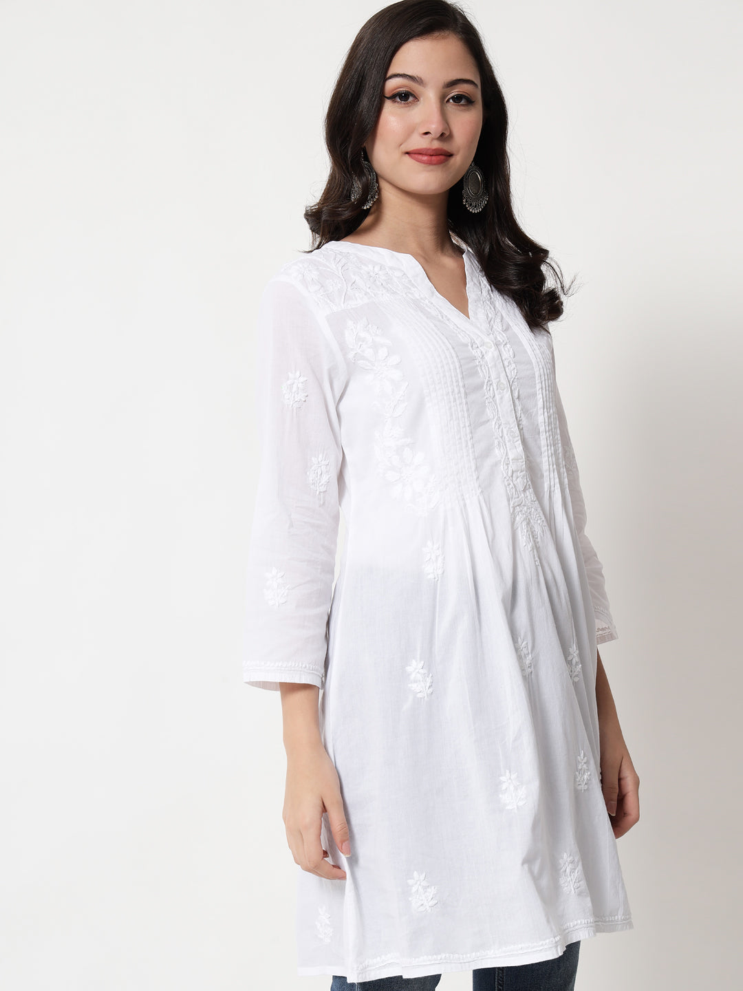Hand Embroidered Chikankari Cotton A-Line Tunic-AL1958L White