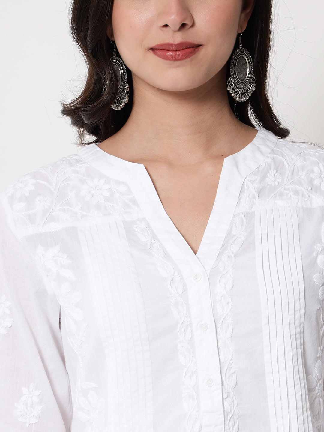 Hand Embroidered Chikankari Cotton A-Line Tunic-AL1958L White