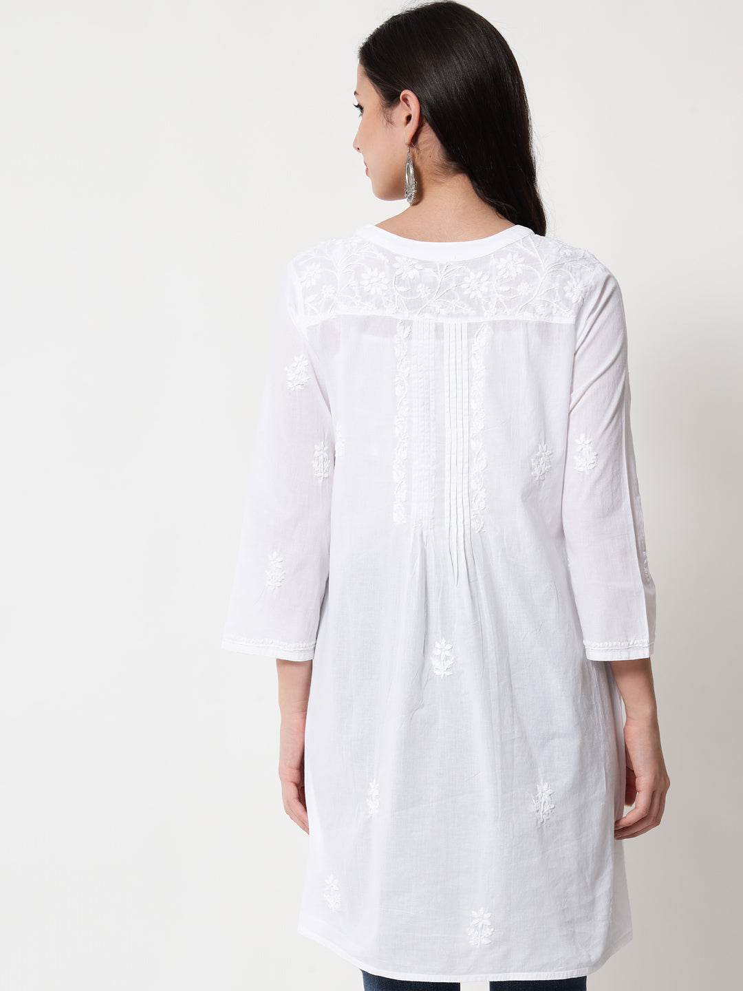 Hand Embroidered Chikankari Cotton A-Line Tunic-AL1958L White