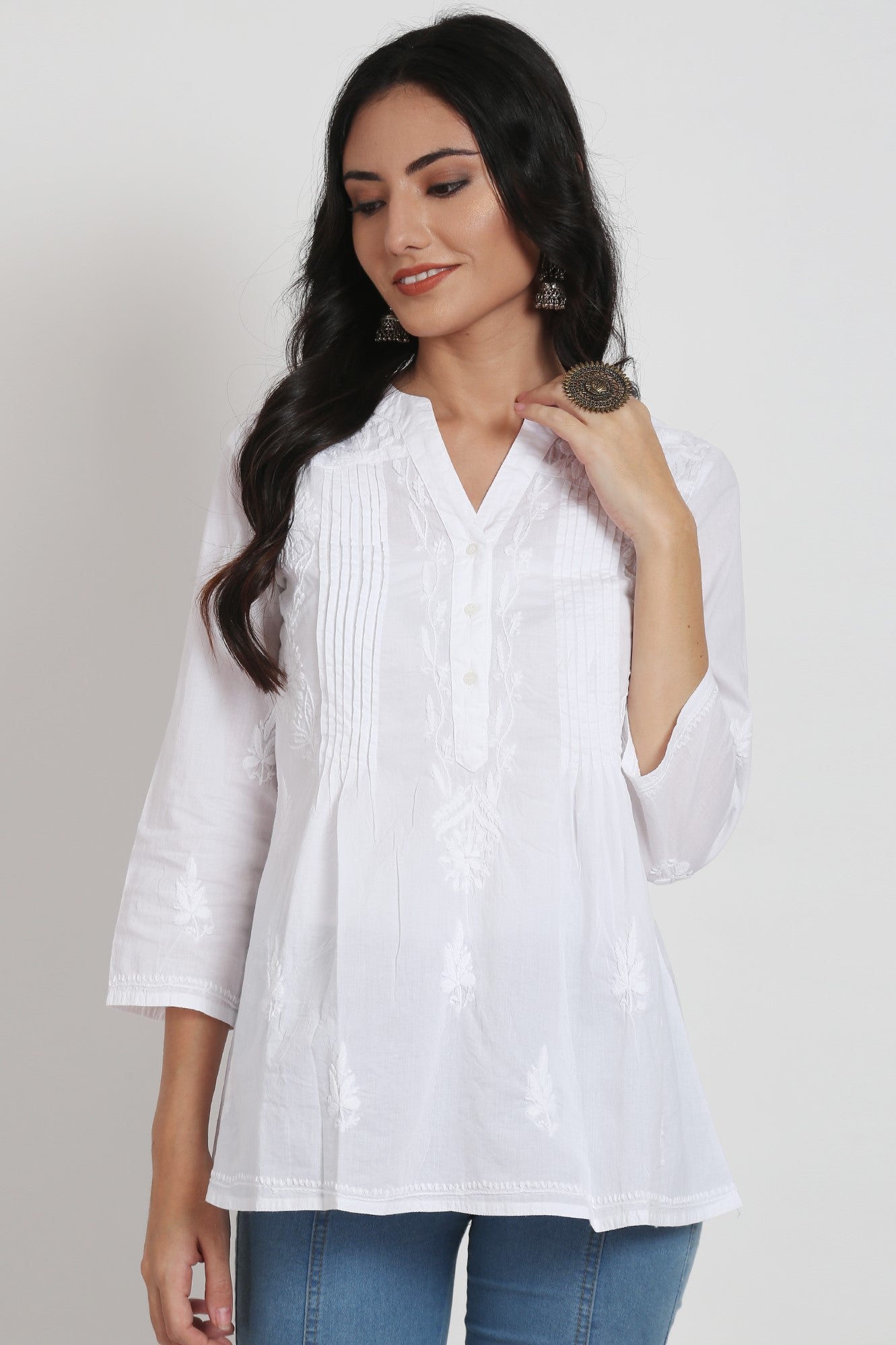 Hand Embroidered Chikankari Cotton White Short Kurti-AL1958S