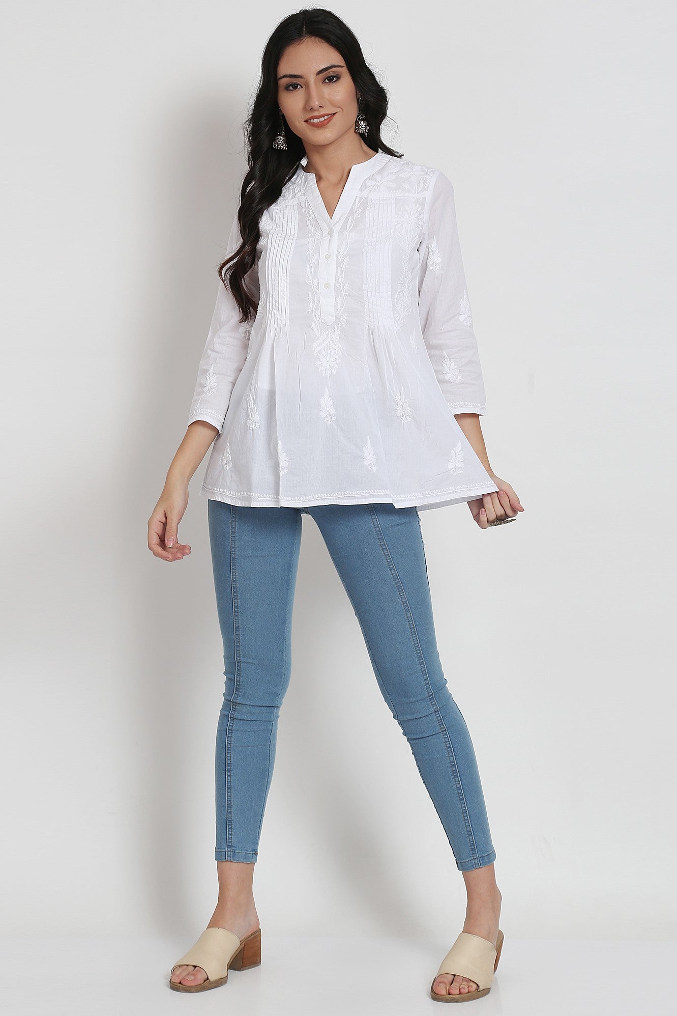 Hand Embroidered Chikankari Cotton White Short Kurti-AL1958S