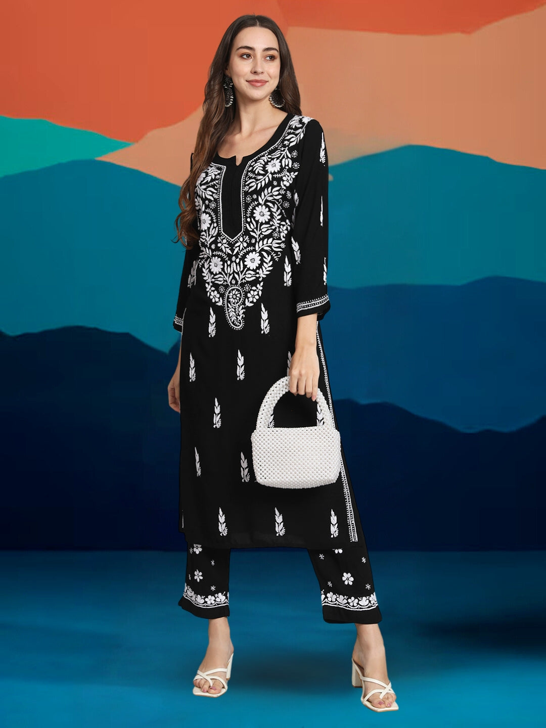 Women Hand Embroidered Chikankari Rayon Kurta set-AL3451KS Black