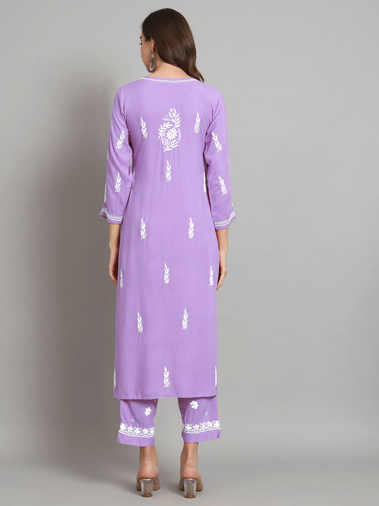 Women Hand Embroidered Chikankari Rayon Kurta set-AL3451KS Mauve