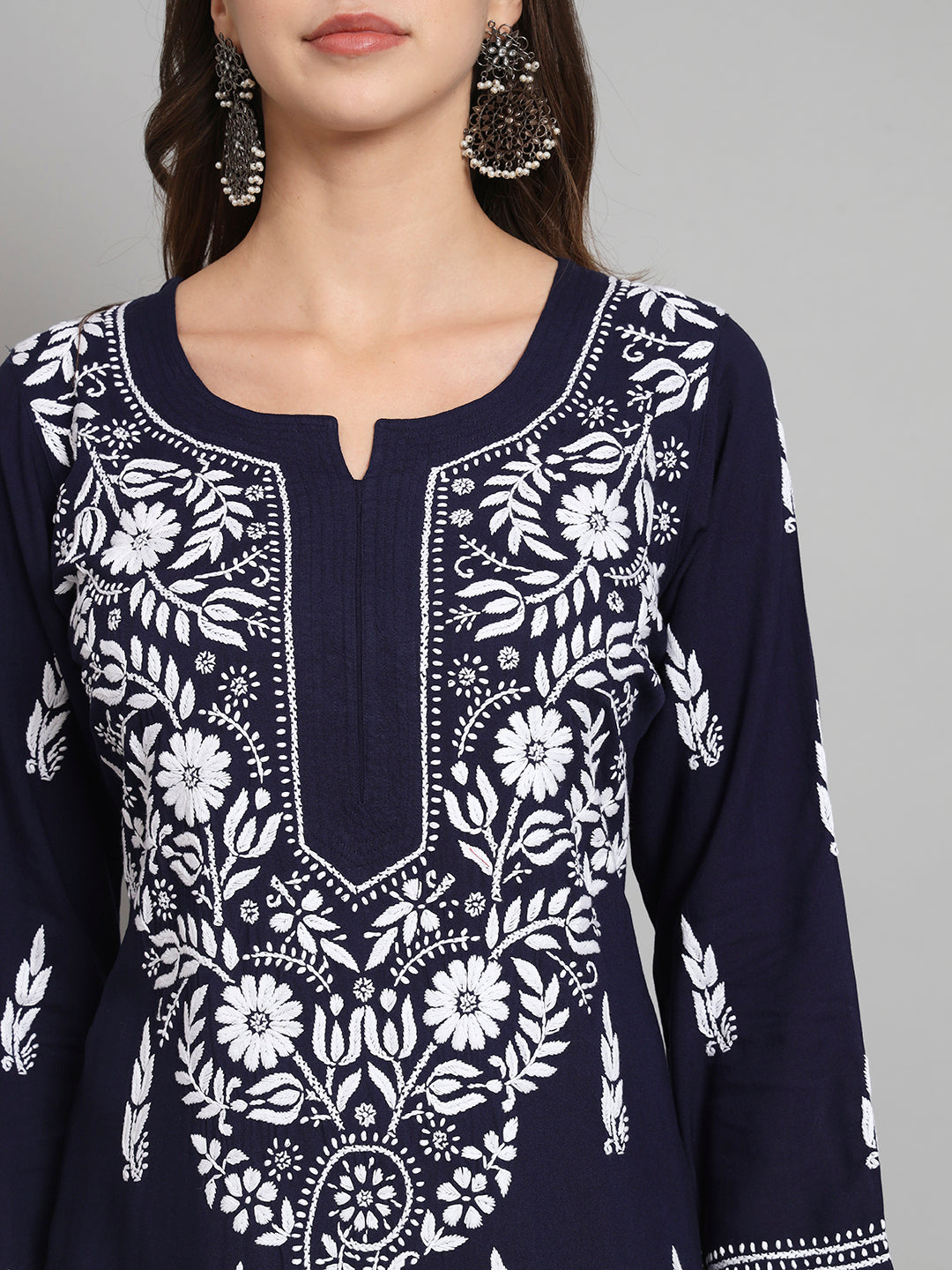 Women Hand Embroidered Chikankari Rayon Kurta set-AL3451KS Navy