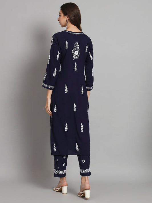 Women Hand Embroidered Chikankari Rayon Kurta set-AL3451KS Navy