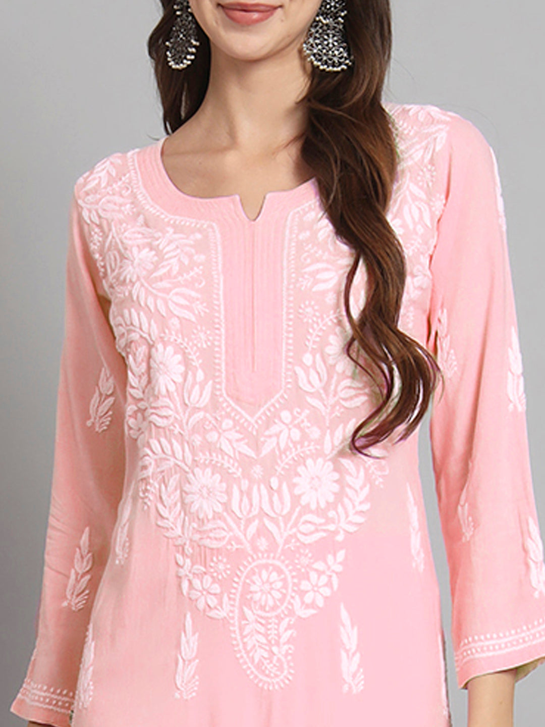 Women Hand Embroidered Chikankari Rayon Kurta set-AL3451KS Peach