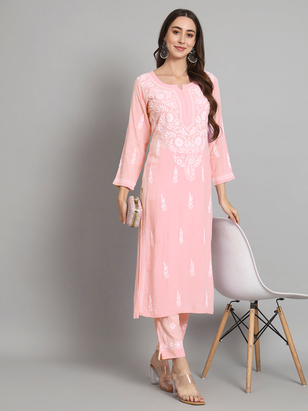 Women Hand Embroidered Chikankari Rayon Kurta set-AL3451KS Peach