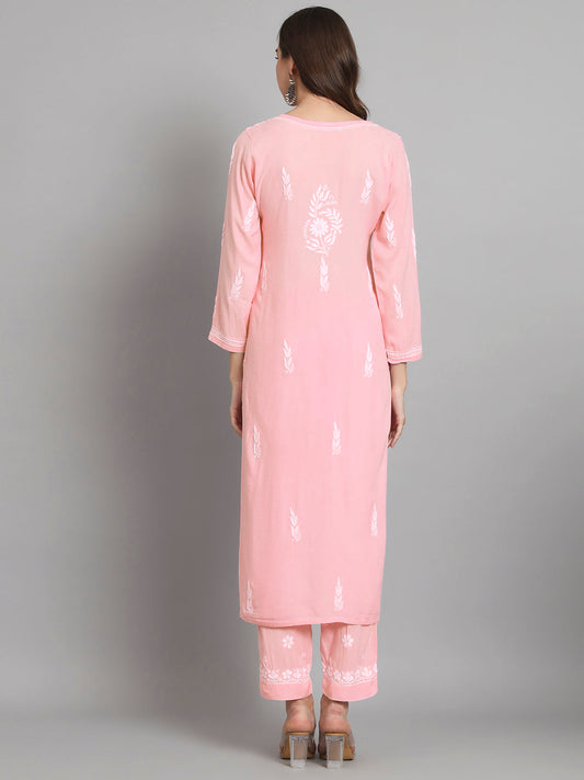 Women Hand Embroidered Chikankari Rayon Kurta set-AL3451KS Peach