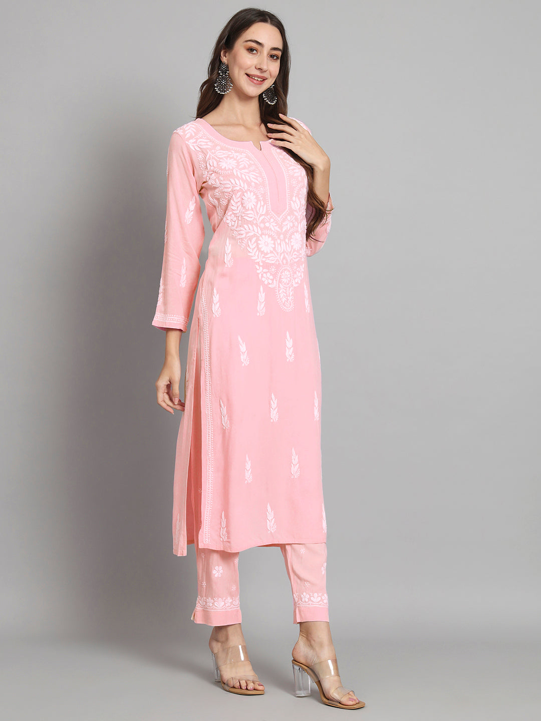 Women Hand Embroidered Chikankari Rayon Kurta set-AL3451KS Peach