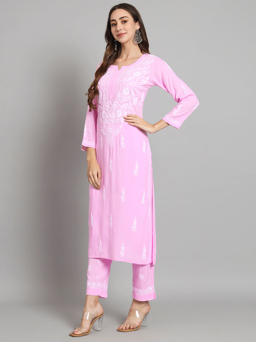 Women Hand Embroidered Chikankari Rayon Kurta set-AL3451KS Pink