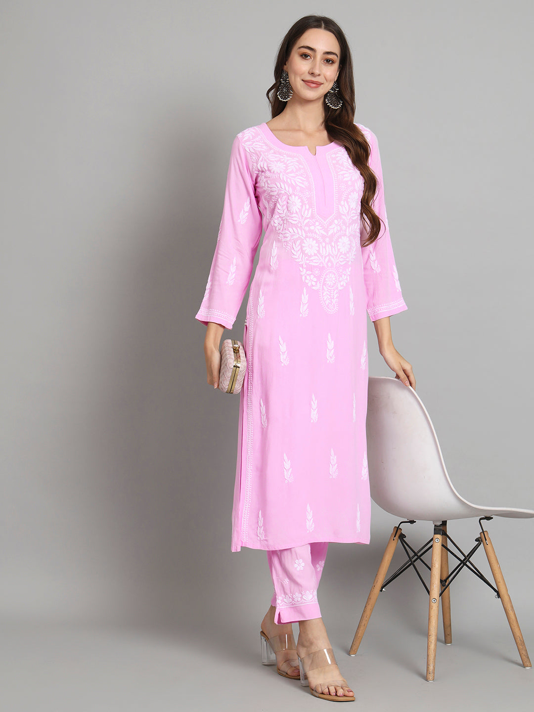 Women Hand Embroidered Chikankari Rayon Kurta set-AL3451KS Pink