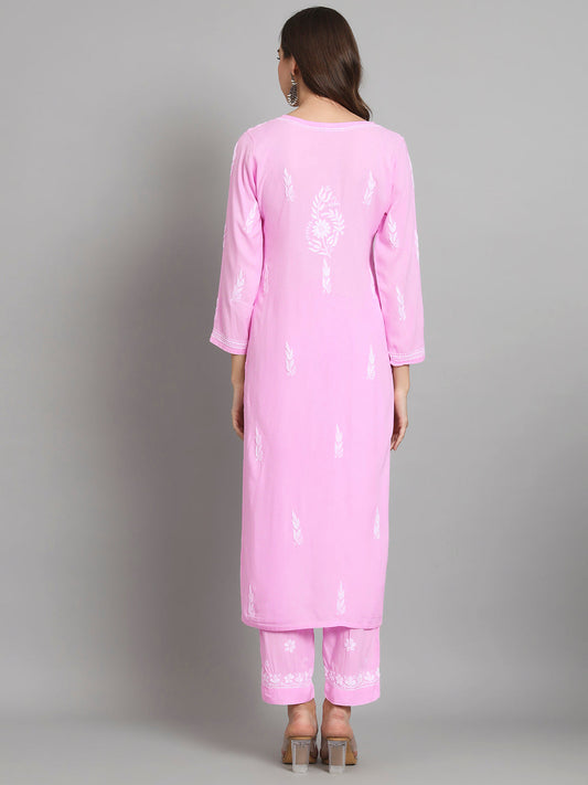 Women Hand Embroidered Chikankari Rayon Kurta set-AL3451KS Pink