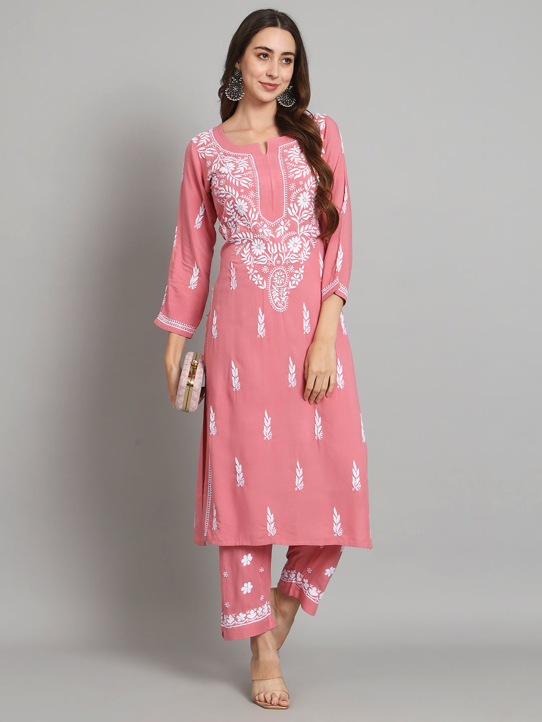 Women Hand Embroidered Chikankari Rayon Kurta set-AL3451KS Rust