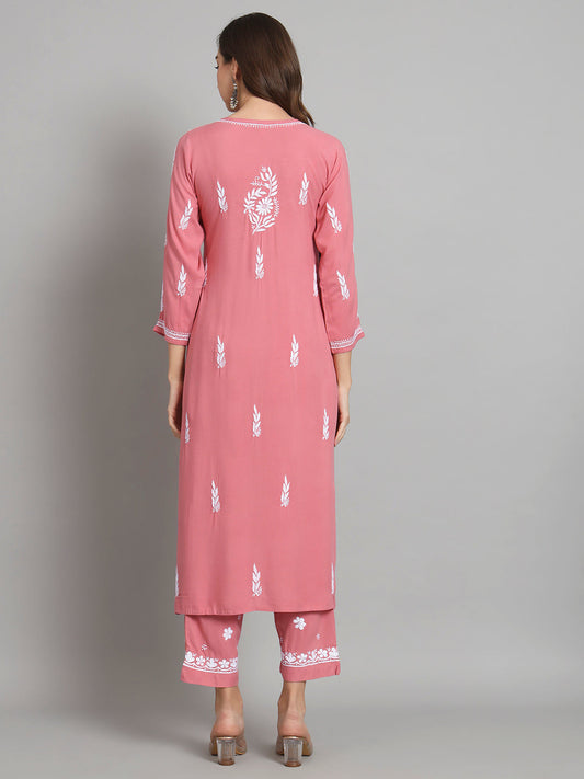 Women Hand Embroidered Chikankari Rayon Kurta set-AL3451KS Rust