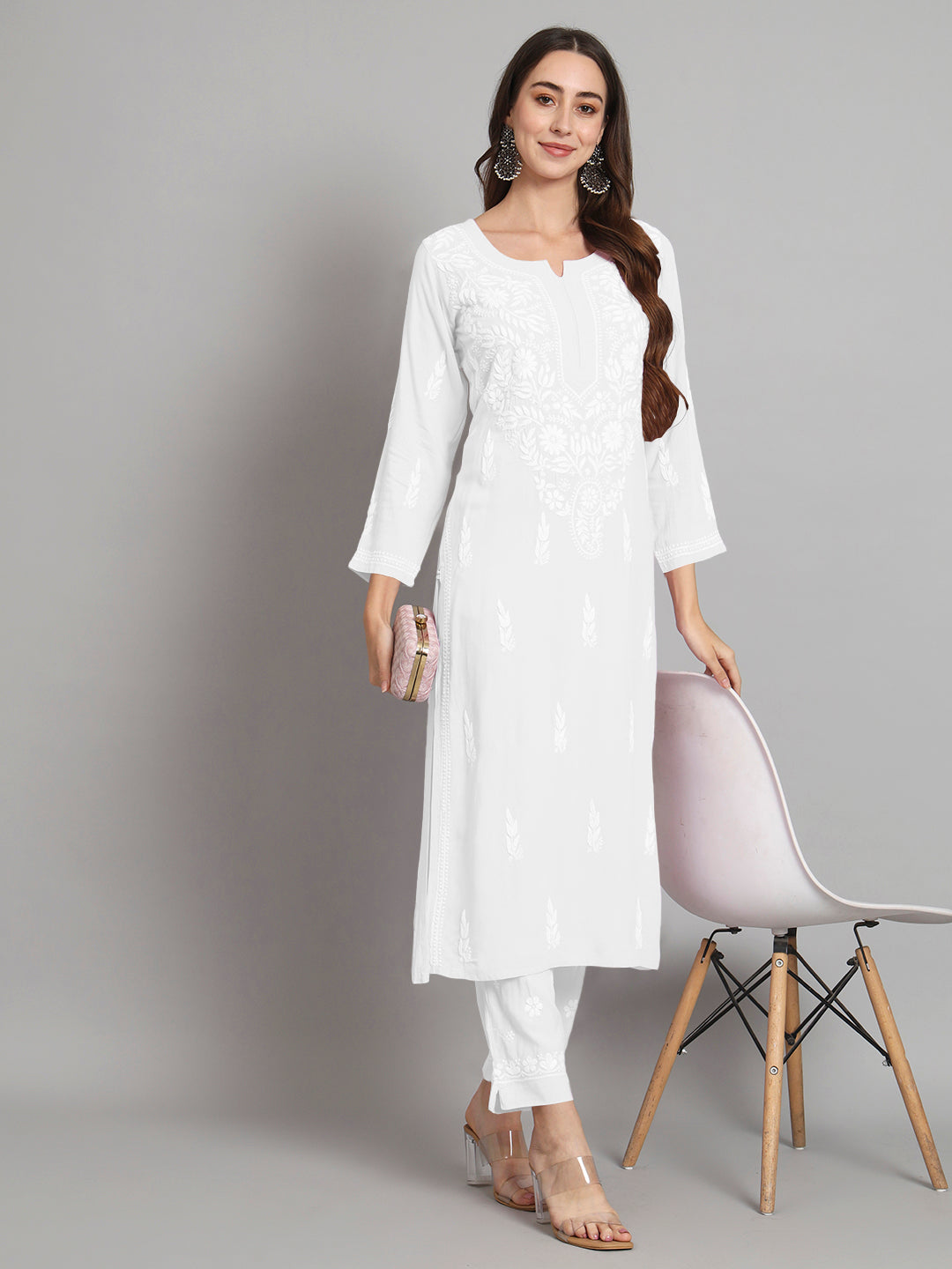Women Hand Embroidered Chikankari Rayon Kurta set-AL3451KS White