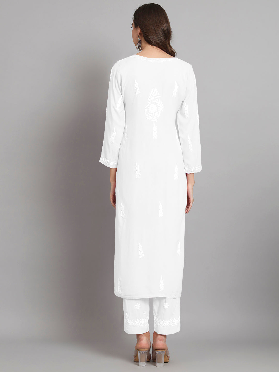 Women Hand Embroidered Chikankari Rayon Kurta set-AL3451KS White